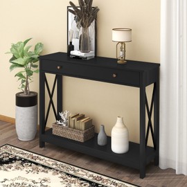 Treocho Black Console Table with Drawer and Storage Shelves, Foyer Sofa Table Narrow for Entryway, Living Room, Hallway