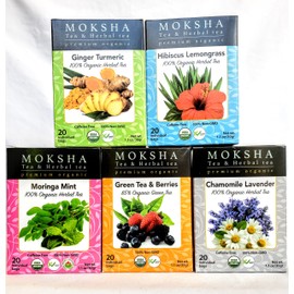 Tea gift set - Moksha Ayurveda Tea - 120 Tea Bags - Soursop Tea - Moringa Tea - Green Tea Chamomile Tea - Ginger Tea -Turmeric Tea - Hibiscus Tea - Mint Tea - Lemongrass - Healthy Tea Variety pack