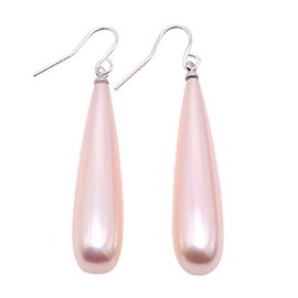JYX JEWELRY Long Drip Shell Pearl Earrings 9.5x40mm Sterling Silver Pink Seashell Pearl Earrings for Women