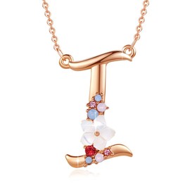 Flower Initial Letter Necklace, Pink Red Blue Simulated Pearl Pendant Name Jewelry Made with Austrian Crystals Rose Gold Plated Anniversary Birthday Gifts for Women,18"+2" (I)