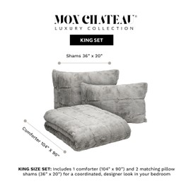 Mon Chateau Sanctuary Squares Faux Fur Comforter Set, 3-Piece Quilted Design Luxury King Bedding Set with Shams, Ultra Soft Cozy Comforter for Bedroom Decor, Bed Set for All Seasons, Silver Fog