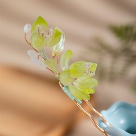 Rabithenn Green Snow Lotus Hairpin Chinese Hanfu and Han Style Hair Retro Flower with Metal Handmade Hair Clip Hair Accessories for Women Girls Long Hair (Green Snow Lotus)