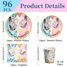 Nkaiso Elephant Baby Shower Gender Reveal Party Tableware Set, 96 Pieces Girls Boys Gender Reveal Theme Tableware Decorations Plates Cups Napkins Party Supplies- 24 Guests