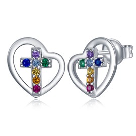 Cross Stud Earrings for Women 925 Sterling Silver Colorful Heart-Shaped Cross Earrings with 5A Cubic Zirconia Cross Jewelry Gifts for Women Mom Daughter Wife