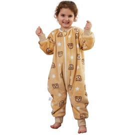 COOKY.D Unisex Baby Girls Boys Flannel Long Sleeve Sleeping Bags with Legs Toddler Triple Zipper Cartoon Wearable Blanket,Brown 4-5 Years