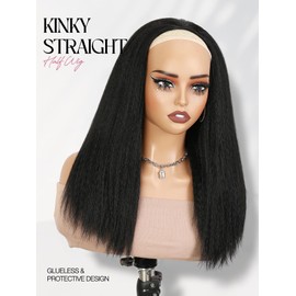 quickwig Yaki Straight Half Wig Kinky Straight Wigs for Black Women 18 Inch Natural Black Wear and Go Glueless Synthetic Half Wigs for Women
