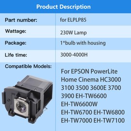 LBTbate Projector Lamp ELP85 for Epson Projector Bulb Replacement V13H010L85 / V13H010L85 Powerlite 3000 3100 3200 3500 3600e 3700 3800 3900 EH-TW6700 TW6600W TW6800 with Housing