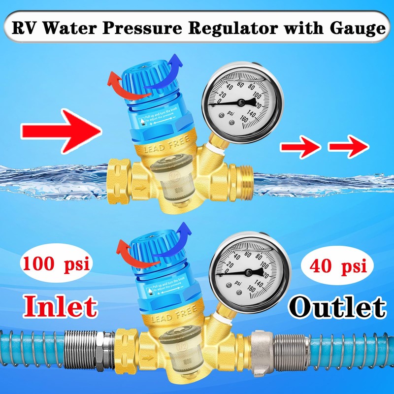 Upgraded RV Water Pressure Regulator, Water Pressure Regulator with Adjustable