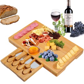 Olebes Bamboo Cheese Board and Knife Set with Slid-out Drawer - Wood Charcuterie Platter Serving Tray for for Wine, Meat & Crackers, Perfect for Wedding Anniversary Housewarming & Entertaining