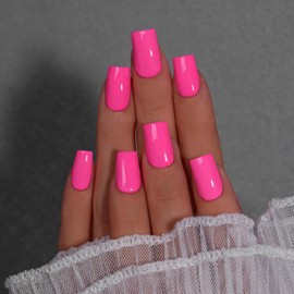 KQueenest Hot Pink Press On Nails Medium Square - Summer Press On Nails Short Coffin, Sheer Bright Neon Pink Fake Nails with Glue, Vibrant Opaque, Reusable Soft Gel Glue on Nails for Women, 28 Pcs