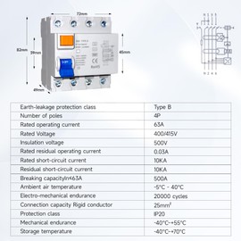FI Circuit Breaker 63 A - 30 mA / 4-Pin / Type B, All-Current Intensive Fault Current Protection, Residual Current Circuit Breaker, Automatic Fuse, DIN Rail for Wall Boxes, Charging Stations (4P/63A/30mA)