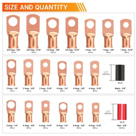Kuject 220PCS Battery Cable Ends AWG 1 2 4 6 8 1/0 2/0 Gauge, 110PCS Heavy Duty Copper Wire Lugs Kit, Battery Cable Terminal Connectors Assortment with 110PCS 3:1 Heat Shrink Tubing