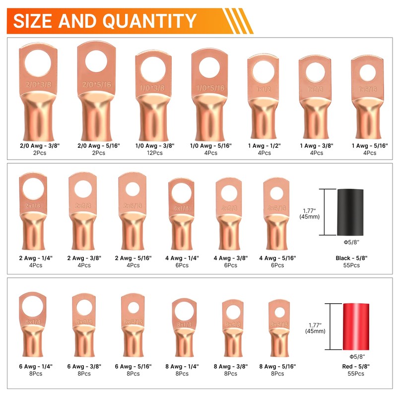 Kuject 220PCS Battery Cable Ends AWG 1 2 4 6