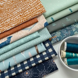 Look and Listen Curated Quilt Bundle | Navy Green Blue | Fat Quarters for Men | Outdoors Nature Theme | Various Art Gallery Fabrics (Half Yards)