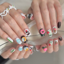 Press on Nails Short - Glue on Nails Acrylic Nails 3D Press on Nails Fake Nails with Designs, Ice-Cream Chocolate Candy Stick Charms Handmade Press on Nails Cute Press on Nails for Young Girls (S)