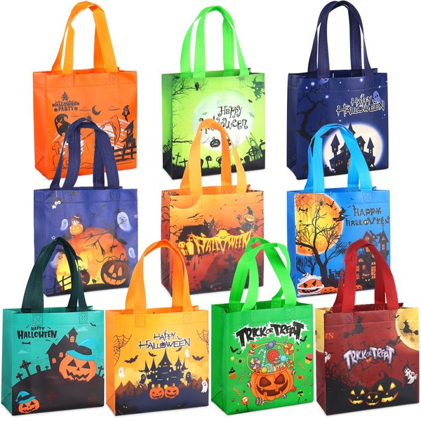 Aviski 10PCS Halloween Trick or Treat Bags, Small Halloween Tote Bags with Handles, Gift Bags, Multifunctional Non-Woven Halloween Bags for Gifts Wrapping, Trick or Treat, Halloween Party Supplies
