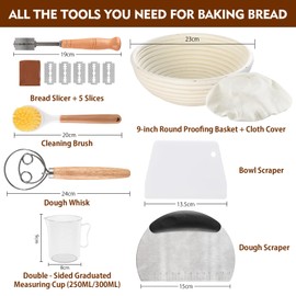CHWNIBAY Gärkorb Set, 23 cm Gärkörbchen Rund, Gärkörbchen zum Brotbacken, 100% Natürlichem Rattan, Gärkorb Brot-Set mit Brotback-Zubehör, Perfektes Garkorb Brot für Anfänger und Erfahrene Bäcker