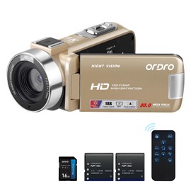 ORDRO B320 1080P Camcorder mit 16GB Karte, 18X Digitalzoom, Nachtsicht, 270° drehbarer Touchscreen, Full HD 1080P 30MP Kamera, 2 Akkus Gold
