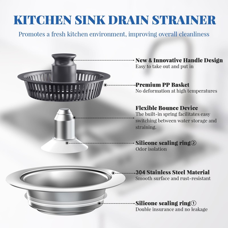 Upgraded 3in1 Kitchen Sink Drain Strainer & Sink Stopper,304 Stainless