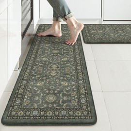 KIMODE Comfort Kitchen Mats for Floor Cushioned Anti Fatigue,Boho Vintage Kitchen Rugs Sets of 2 Non Slip,Memory Foam Kitchen Floor Mat Carpet for Laundry Office Home Decor,Dark Green