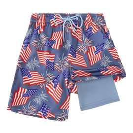 FT FENTENG Boys Swim Trunks Compression Liner Swim Shorts Quick Dry Bathing Suit with Boxer Brief Anti-Chafe Boy Swimwear, Blue American Flag, 6-7 Years