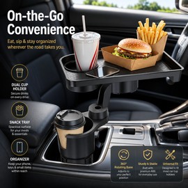 Car Cup Holder Tray for Travel – 360° Rotating Dual Cup Organizer with Adjustable Food & Phone Platform