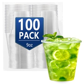 Ezselect 100Pack Smooth Clear Plastic cups 9oz Disposable Crystal Cups Bulk, Extra Thick Disposable Cold Cups for Birthday Party Event Bar Cups, Clear Plastic Cup for Juice, Ice Cream, Wine, Cocktail