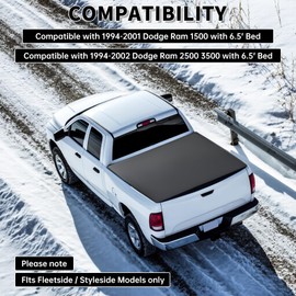 Kojem Soft Roll-Up 6.5ft Tonneau Cover Compatible with 1994-2002 Dodge Ram 1500 2500 3500 with 6.5' Bed Truck Fits Fleetside Styleside Models Only Trunk Bed Cover Black Powder Coated