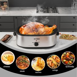 20 Quart Electric Roaster Oven with Self-Basting Lid, Turkey Roaster with Defrost Warm Function, Adjustable Temperature, Removable Pan Rack, Stainless Steel, Silver