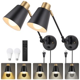 Plug in Wall Sconces with Remote, Adjustable Colors 2700K-6500K & Brightness 10%-100%, Swing Arm Wall Lamp, Wall Sconces Set of Two with Timer & Night Light, Bulbs Included, Hardwire or Plug-in