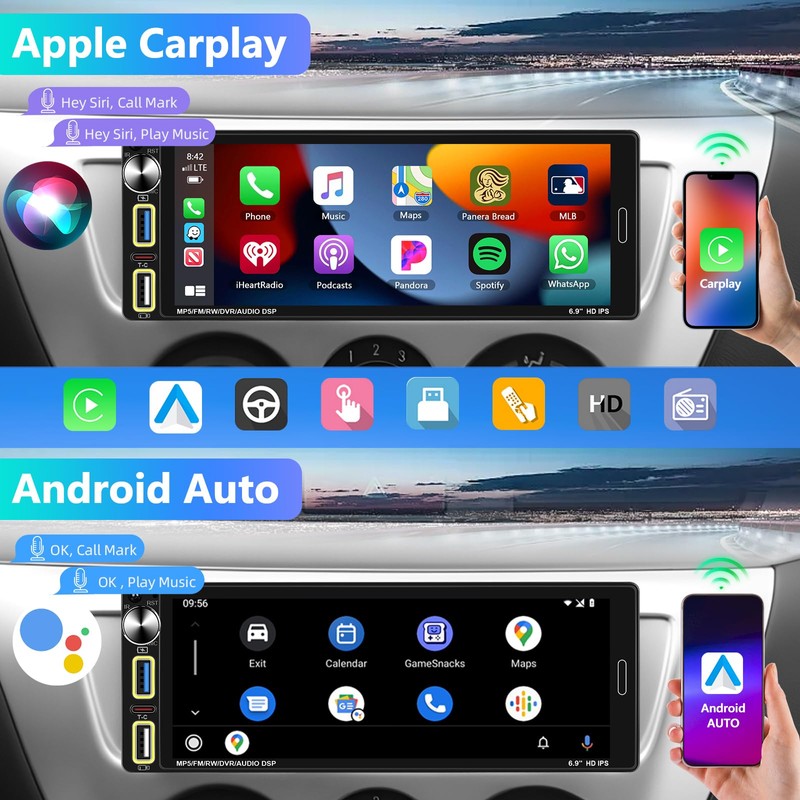 Motorsi Single Din Car Stereo with Wireless Apple Carplay, 6.9