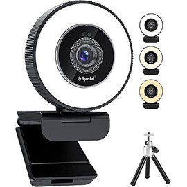 Spedal 4K Webcam with Ring Light, Built-in Privacy Cover and Dual Microphone, Fast AutoFocus, Adjustable Brightness, USB Streaming Web Camera with Tripod