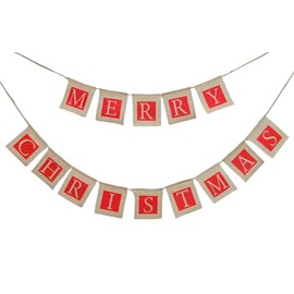 Merry Christmas Hessian Bunting - 3.4m Long Vintage Shabby Chic Square Christmas Decoration - Rustic Festive Garland Hanging Banner