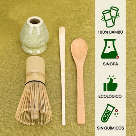 4 Piezas Juego de Batidores de Matcha,Batidor (Chasen),Soporte, Cuchara de Té y Cucharilla de Té, Juego de Batidor de Matcha Tradicional Japonés (4, verde moteado)