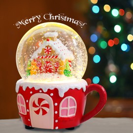 Christmas Snow Globes Gingerbread Man House in Cup Christmas Snow Globe with 8 Songs Color Changing Battery Operated Musical Box for Christmas Home Party Décor