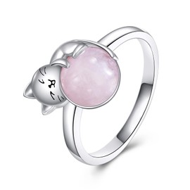 Vadmans Cat Ring Sterling Silver Cat Rose Quartz Ring 8Inch Rings Jewelry Cats Lovers Gift for Women