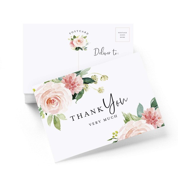 Bliss Collections Thank You Post Cards, Pack of 50 Boho Floral 4.25 x 6 All Occasion Cards for Weddings, Receptions, Bridal Showers, Baby Showers, Birthdays, Graduations, Parties and Special Events