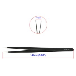 Aoje-Link ESD-11 Professional Anti-Static Precision Technology Tweezers, Non-Magnetic Fine Tip Straight, Stainless Steel Plastic Coated, Full Length 142mm, Black, 2pcs
