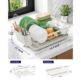 Kitsure Dish Drying Rack - Compact Dish Rack with Utensil Holder & Adjustable Water Outlet, Rust-Proof & Scratch-Resistant Drying Rack for Kitchen, 14.5" x 12.0" x 4.0", Light Grey