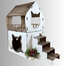 Indoor Wooden Cat House – 2-Story Spacious Cat Shelter – Modern White Finish – Sturdy, Lightweight and Easy to Assemble – Perfect for Cats, Small Dogs, and Rabbits