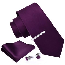 GUSLESON Men's Solid Ties for Men Dark Purple Fashion Tie Clip Necktie and Pocket Square Cufflinks Sets (6101-04)