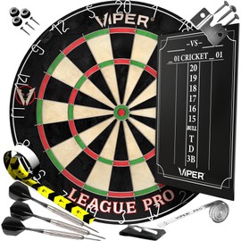Viper League Pro Play-Ready Bundle, Regulation Size Steel Tip Dartboard with Chalk Cricket Scoreboard, 3 Steel Tip Darts, Staple-Free Bullseye, High-Grade Sisal with Rotating Number Ring
