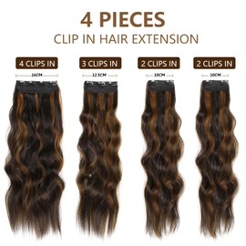 ShowJarlly Clip-In Extensions, 4 Pieces, 60 cm Full Head Hair Extensions with Clips, Synthetic Wavy Hair Extensions, Clip-In Hairpiece for Women