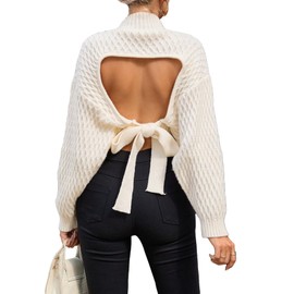 GORGLITTER Women's Bow Open Back Sweater Top Trendy Long Sleeve Backless Drop Shoulder Mock Neck Cable Knit Sweaters Beige Small