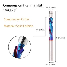 Trvoxviq 1PCS Spiral Router Bit,1/4" Shank UP Down Compression Bit Pattern Flush Trim Bits with Nano Coated, CNC Template Milling Cutter Tool for Wood Trimming, 1 Inch Cutting Length 3 Inch OVL