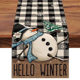 Seliem Hello Winter Snowman Table Runner, Black White Buffalo Plaid Check Snow Farmhouse Kitchen Dining Table Decor, Christmas Holiday Seasonal Home Decoration Indoor Outdoor Party Supply 13x36 Inches