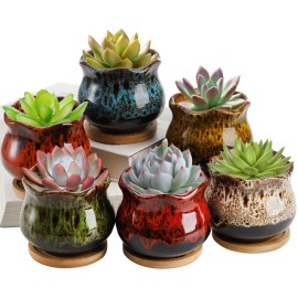 TOPZEA Set of 6 Succulent Plant Pots, 4 Inch Glazed Ceramic Cute Plant Pots w...