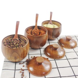 Wood Salt and Pepper Bowl, Spice Box, Sugar Bowl Salt Salt Cellar and Spices Storage Box Pepper Seasoning Pinch Pot with Built-in Spoon and Lids for Kitchen Tool