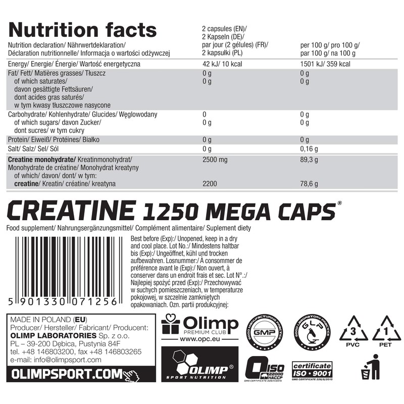 Olimp Creatine 1250 Mega Caps 5901330071256 White 500