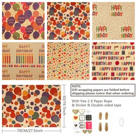 Niviy Wrapping Paper Birthday Sheets (70 x 50cm) - 6 Pack Brown Kraft Gift Wrapping Paper, Eco & Recyclable Present Wrap Paper Set with Sticker for Kids, Boys, Girls, Baby, Female, Men